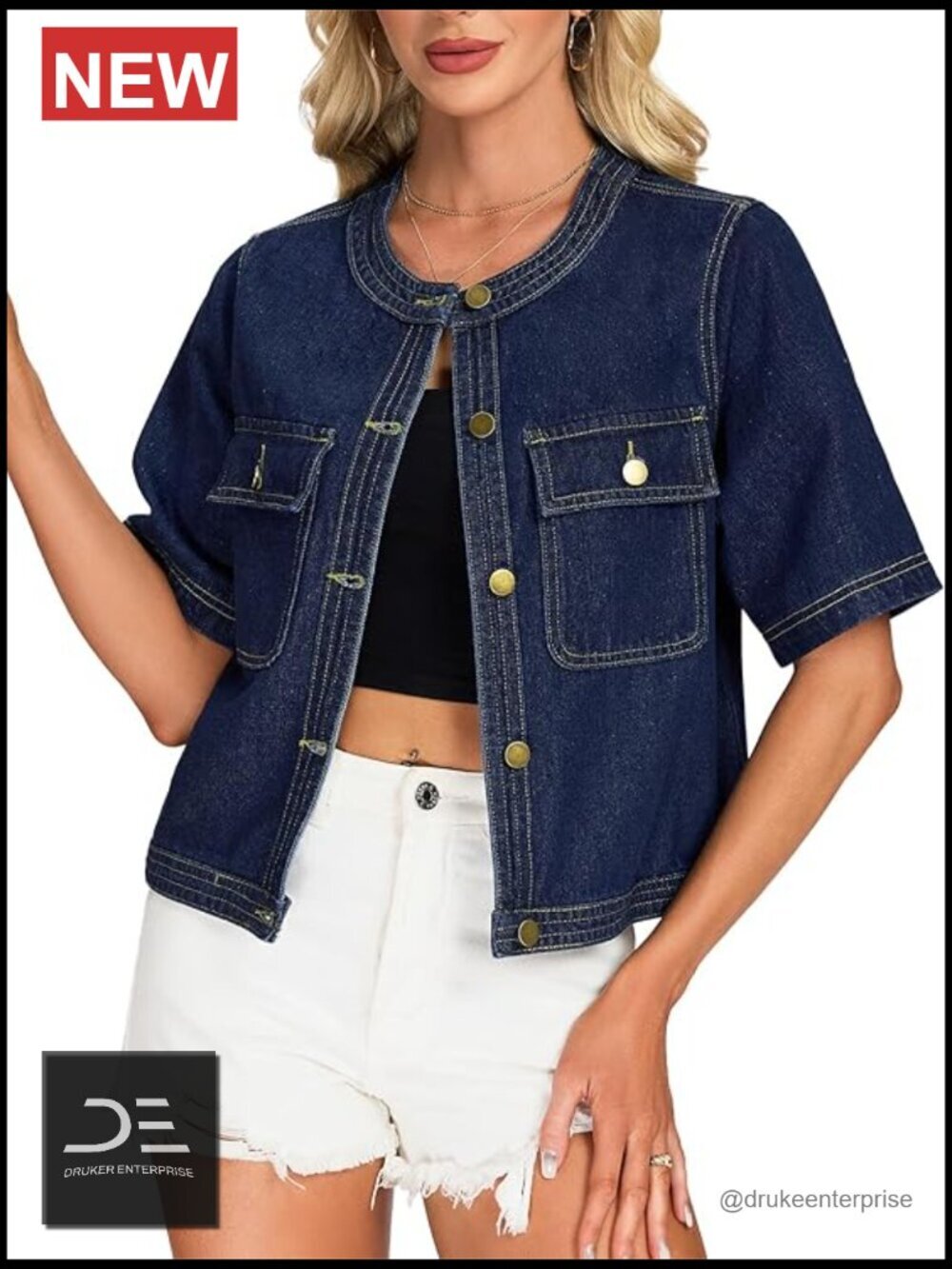 Cropped Denim Jacket Short Sleeve Collarless Button Front